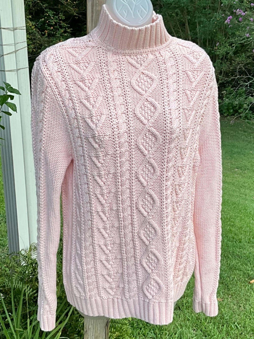 Title: Chaps • Ralph Lauren Pink CHANKY Cable Knit Mock Neck Sweater • Size L - Picture 7 of 9